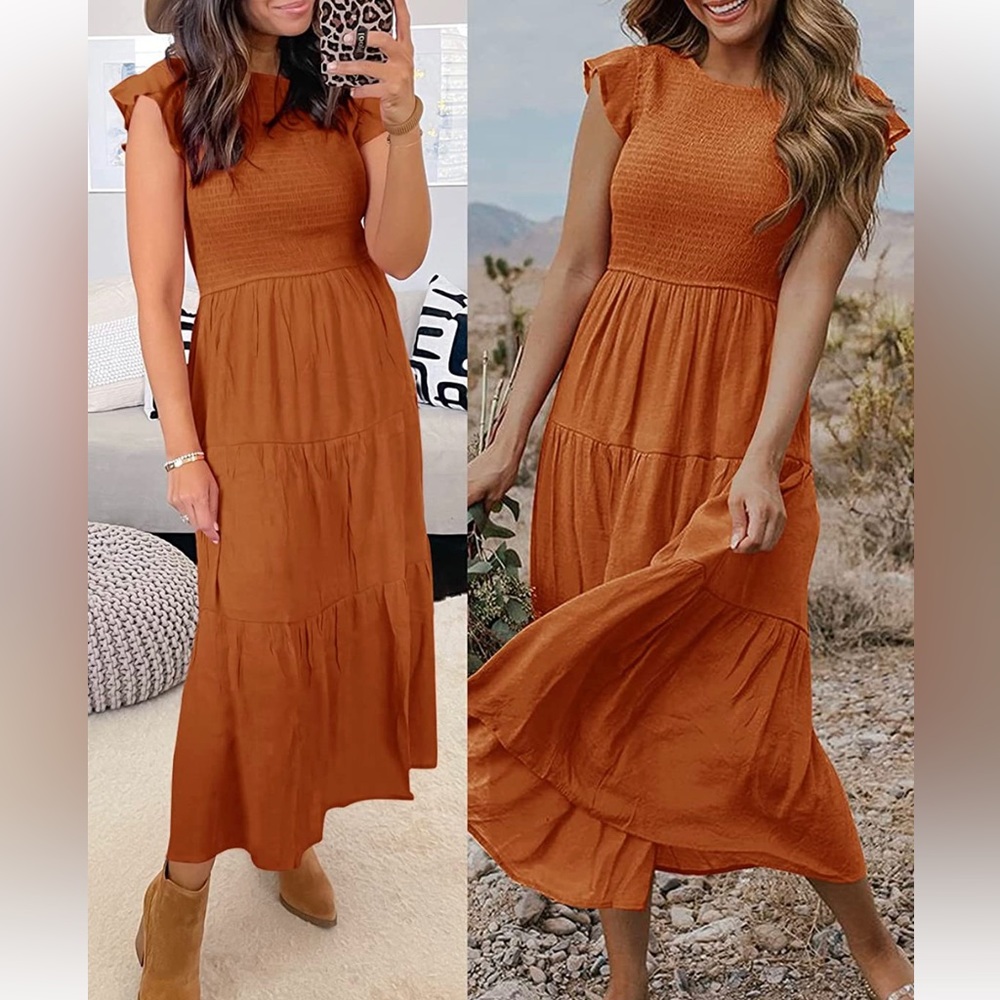 NWTCasual Flutter Short Sleeve Crew Neck Smocked Elastic Waist Tiered Midi Dress